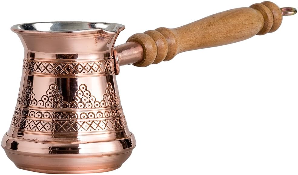 Thickest Solid Copper Turkish Greek Arabic Coffee Pot Stovetop Coffee Maker Cezve Ibrik Briki with Wooden Handle, Thick 1,5 mm (Medium - 10 Oz)