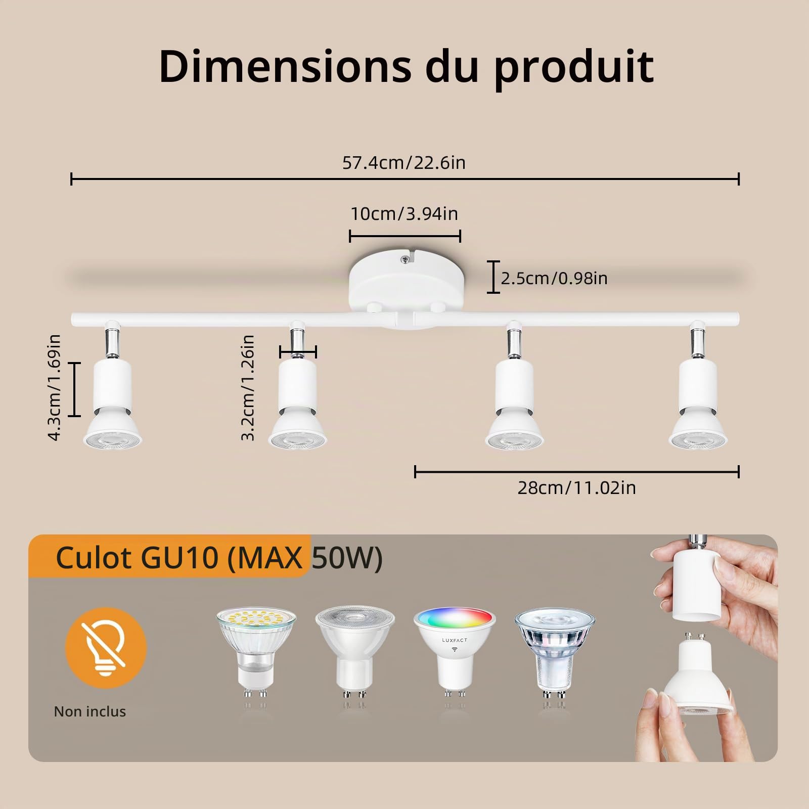 Ketom Plafonnier LED 4 Spots Blanc, Éclairage de Plafond GU10 Moderne, Barre de Spots, Lumiere Plafond Orientable Intérieur pour Cuisine, Chambre, Salon, Couloir, Sans Ampoules