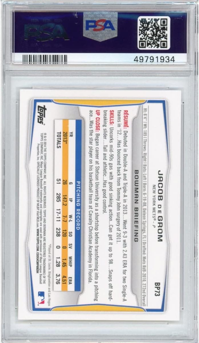 Graded 2014 Bowman Prospects Jacob DeGrom #BP73 Rookie RC Baseball Card PSA 10 Gem Mint : Collectibles & Fine Art