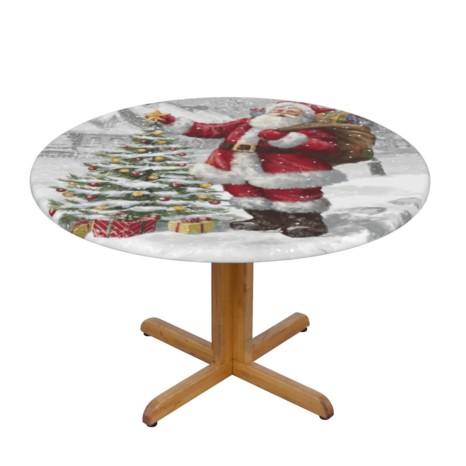 DUWAA Santa Claus Snow Secenry Print Oxford Fitted Table Cover For Patio Picnic, Waterproof Round Tablecloth For Home And Outdoor