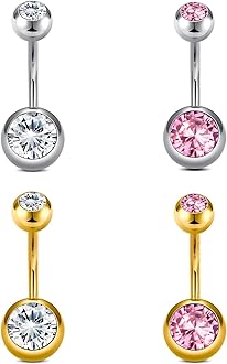 LongitaBelly Button Rings Short Bar for Women Stainless Steel Belly Ring Navel Piercing Jewelry 14g Colorful Ball Pack 6mm 1/4” 8mm 5/16“ 10mm
