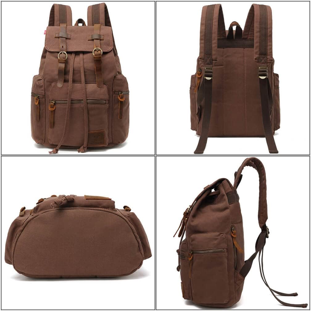 Canvas Backpack Unisex Vintage Casual Rucksack 17 inch Laptop Daypacks Schoolbag College Bookbag Hiking Camping Travel Bag Coffee
