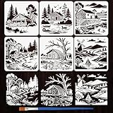 FINGERINSPIRE 6 Stil Dorflandschaftsmuster Schablonen Mit Pinsel 30x30cm Ländliche Häuser Malschablonen Architektur Und Lokale Themen PET Vorlage Für Holzbodenfliesen Wand Stoff Möbel