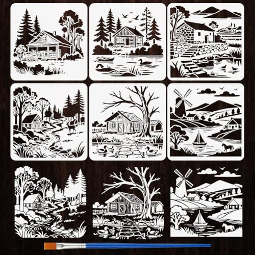 FINGERINSPIRE 6 Styles Village Landscape Pattern Stencils with a Brush 11.8x11.8inch Rural Houses Painting Stencils Architecture and Local Themes PET Template for Wood Floor Tile Wall Fabric Furniture