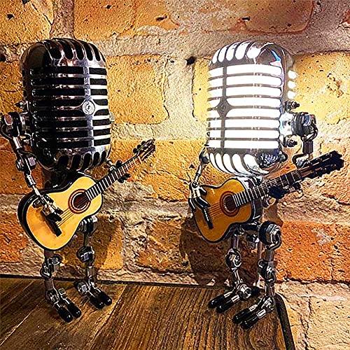 Vintage Microphone Guitar Robot Lamp With Dimmer , Cool Cute Retro Metal Mini Size Night Light Table Lamp Adjustable Brightness For Bedroom Desk Home Decor (Microphone Robot Lamp) #TOP1