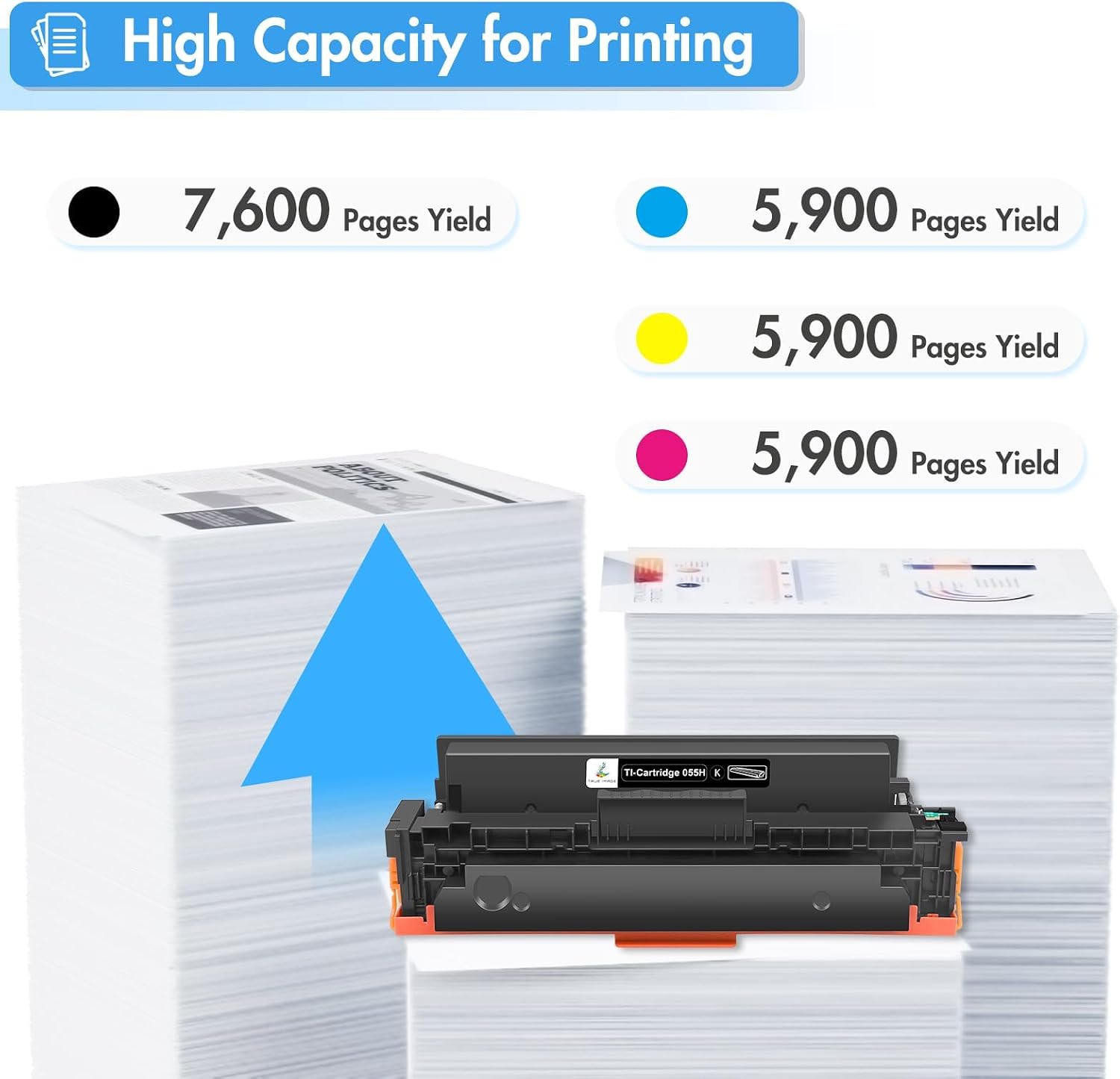 TRUE IMAGE 055H 055 Toner Cartridge Replacement for Canon 055H High Capacity for Color ImageCLASS MF743Cdw MF741Cdw MF746Cdw LBP663Cdw MF740C LBP660C MF743 Printer (Black Cyan Magenta Yellow, 4-Pack)
