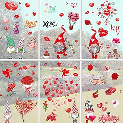PTFNY Valentine's Day Gnome Heart Window Clings Decorations for Glass Window 9 Sheets Valentine's Day Heart Elf Car Flowers Window Stickers Decals for Valentine's Day Wedding Anniversary Party Supplies
