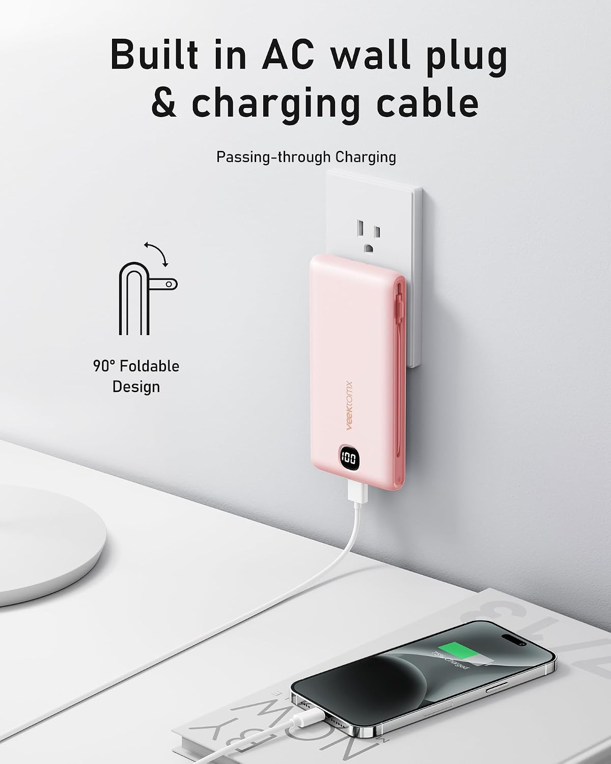 VEEKTOMX Portable Charger with Built in Cables 10000mAh, Power Bank for iPhone with Wall Plug, Travel Essential Fast Charging USB C Slim External Battery Pack for iPhone 17/16/15/14, Samsung, iPad,etc