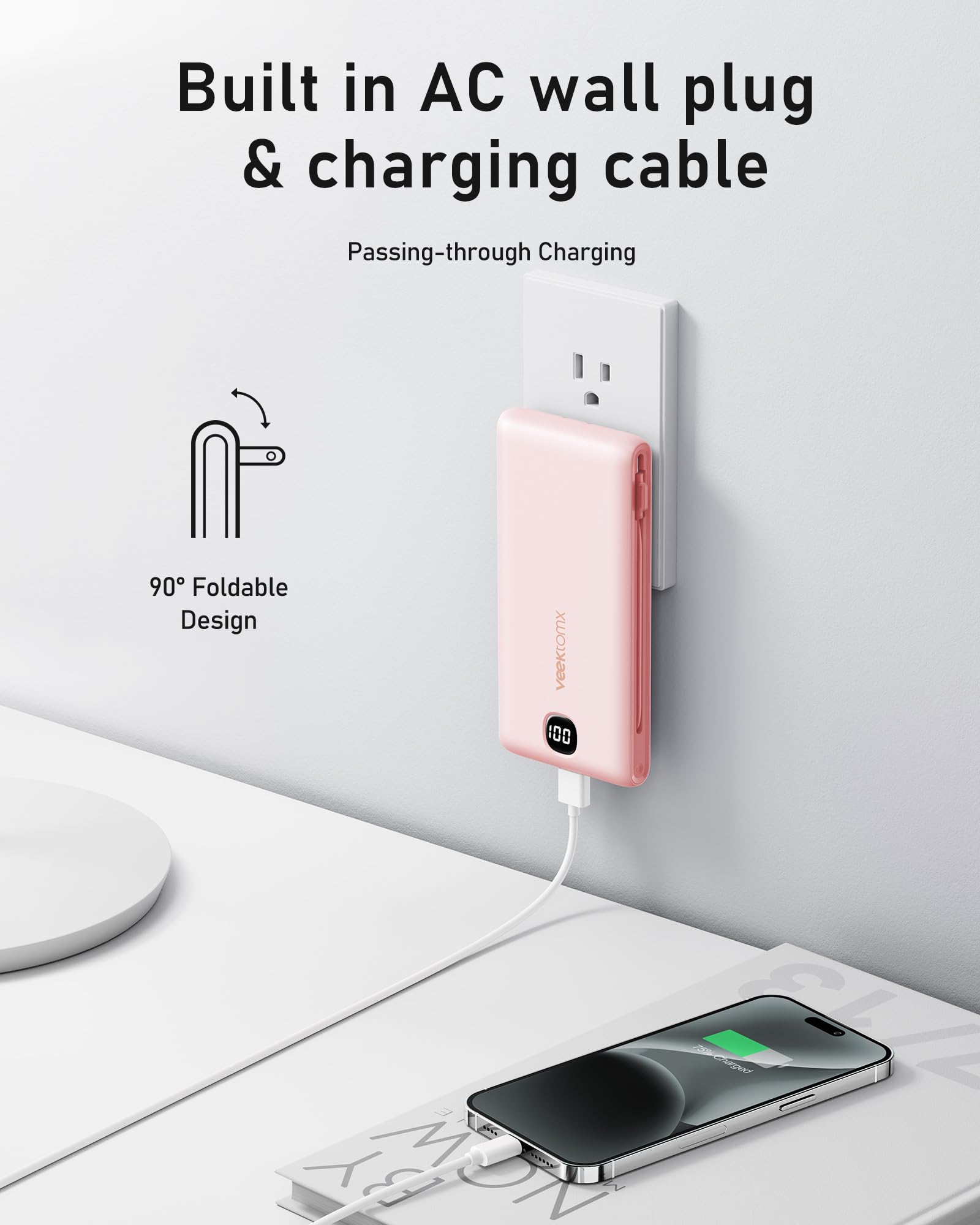 VEEKTOMX 10000mAh Portable Charger with Built-in Cables & Wall Plug view 3