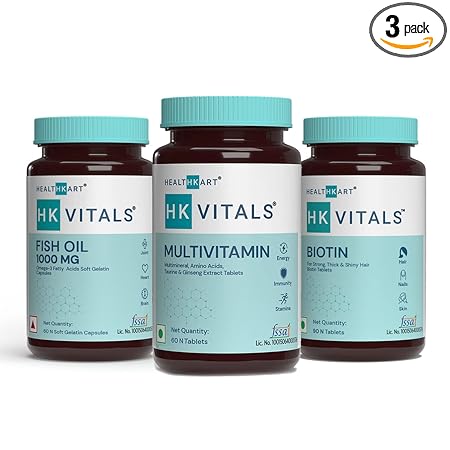 HealthKart HK Vitals Multivitamin for Men and Women, 60 Tablets + Fish Oil Capsules (1000mg Omega 3 with 180 mg EPA & 120 mg DHA), 60 Capsules + Biotin 10000mcg, 90 Biotin Tablets (Combo Pack)