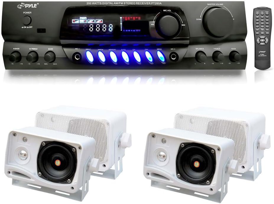 One Pyle PT260A 200 Watts Digital AM/FM Stereo Receiver and Four Pyle 3.5" 3 Way 200 Watt Waterproof Box Speakers