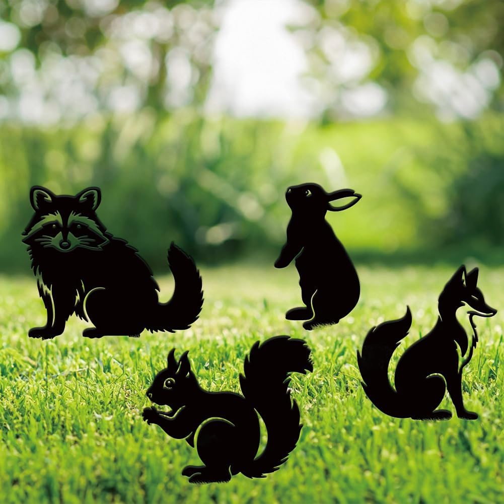 SUPERDANT 4PCS Metal Animals Garden Decor for Outside Fox Rabbit Squirrel Raccoon Yard Stakes for Decorations Outdoor Statues Iron Art Stake Decorative Lawn Ornament Patio Porch Farmhouse Decor Gifts