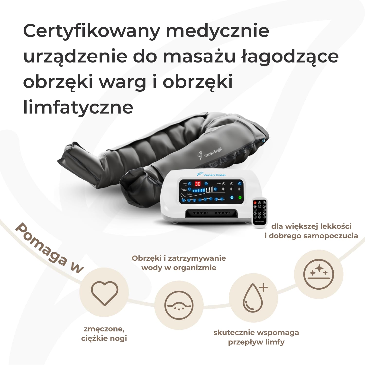 Venen Engel 8 Medical z Lymph-Flow Pants – 8 komór powietrznych – 6 programów masażu – certyfikowane medycznie – buty regeneracyjne – masażer nóg – uzupełnienie manualnego drenażu limfatycznego