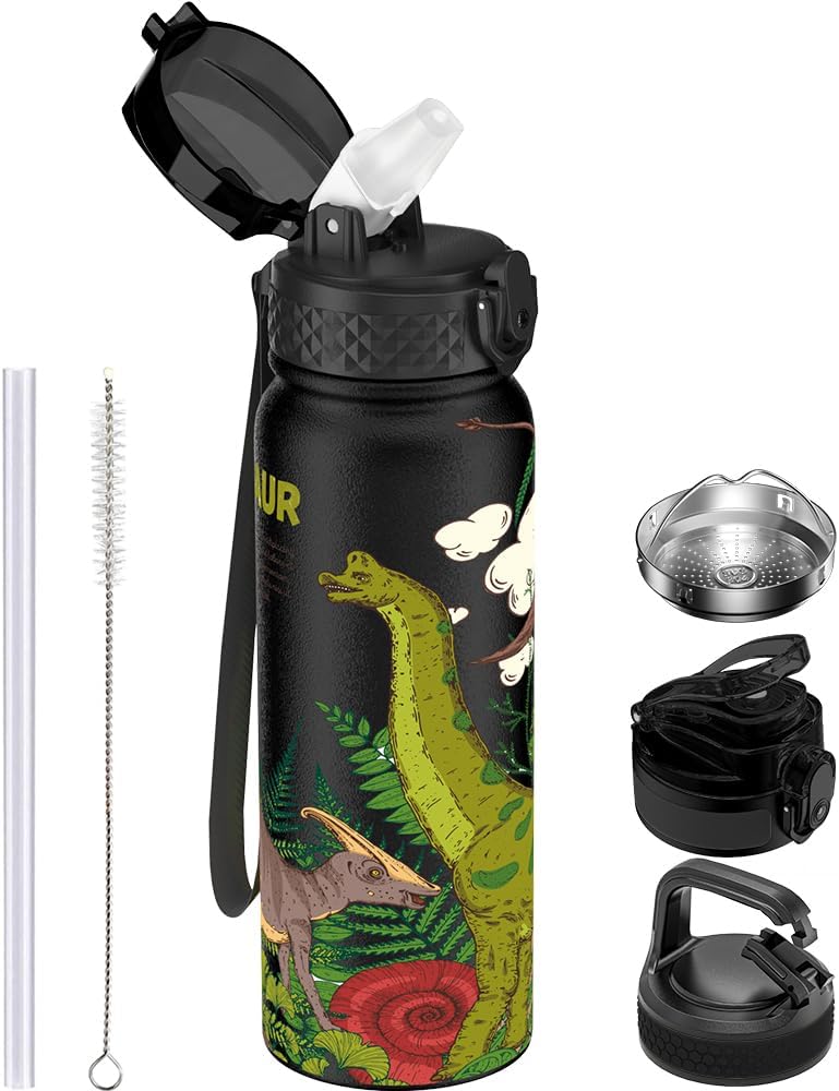 Dinosaur Kids Stainless Steel Water Bottle with Straw Vacuum Insulated Bottle 600ML Double Walled Water Bottle BPA Free Drinks Bottle 3 Lids(Straw Lid,Chug Lid,Carabiner Lid) for School(3D Dinosaur)