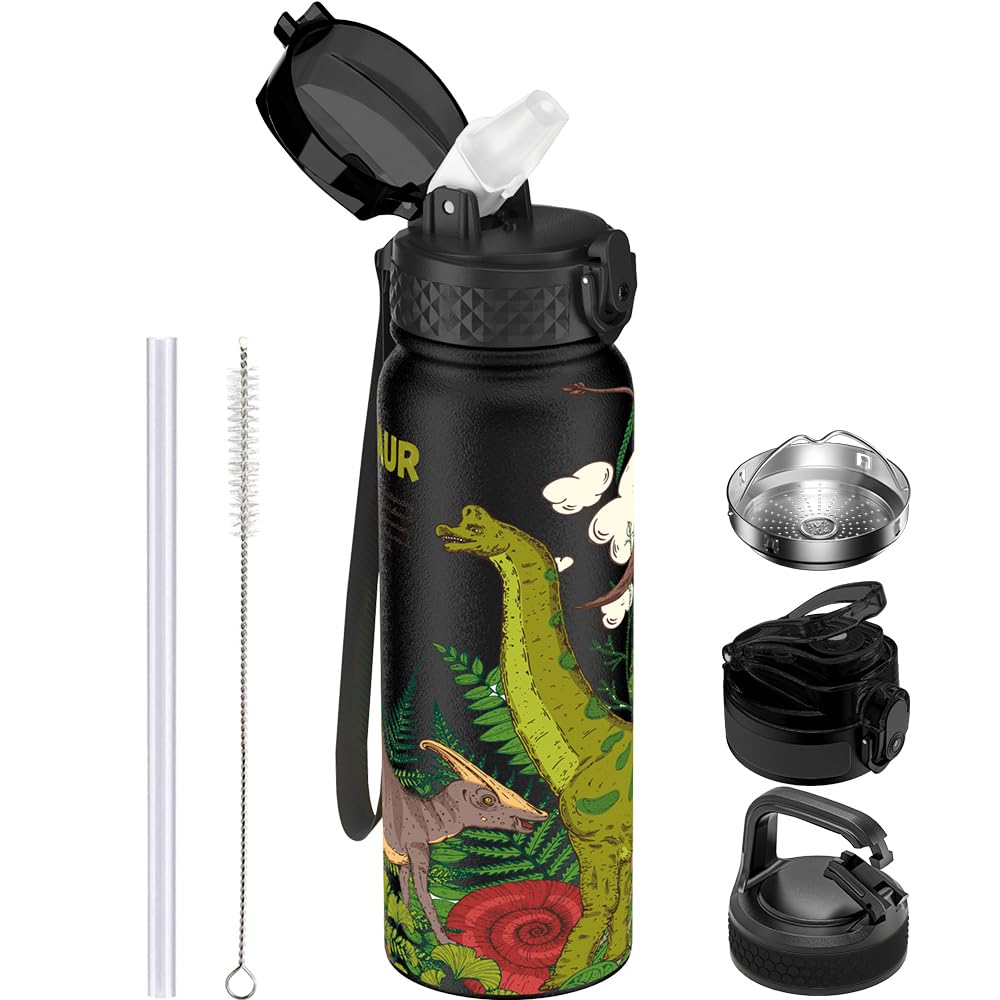 GOPPUS 600ml/20oz Stainless Water Bottle with Straw Double Wall Insulated Bottles with Strap One Hand Open Vacuum Thermal Flask Leakproof Keep Cold Bottles with Flip Top Lid BPA Free (Black Dinosaur) — image 1