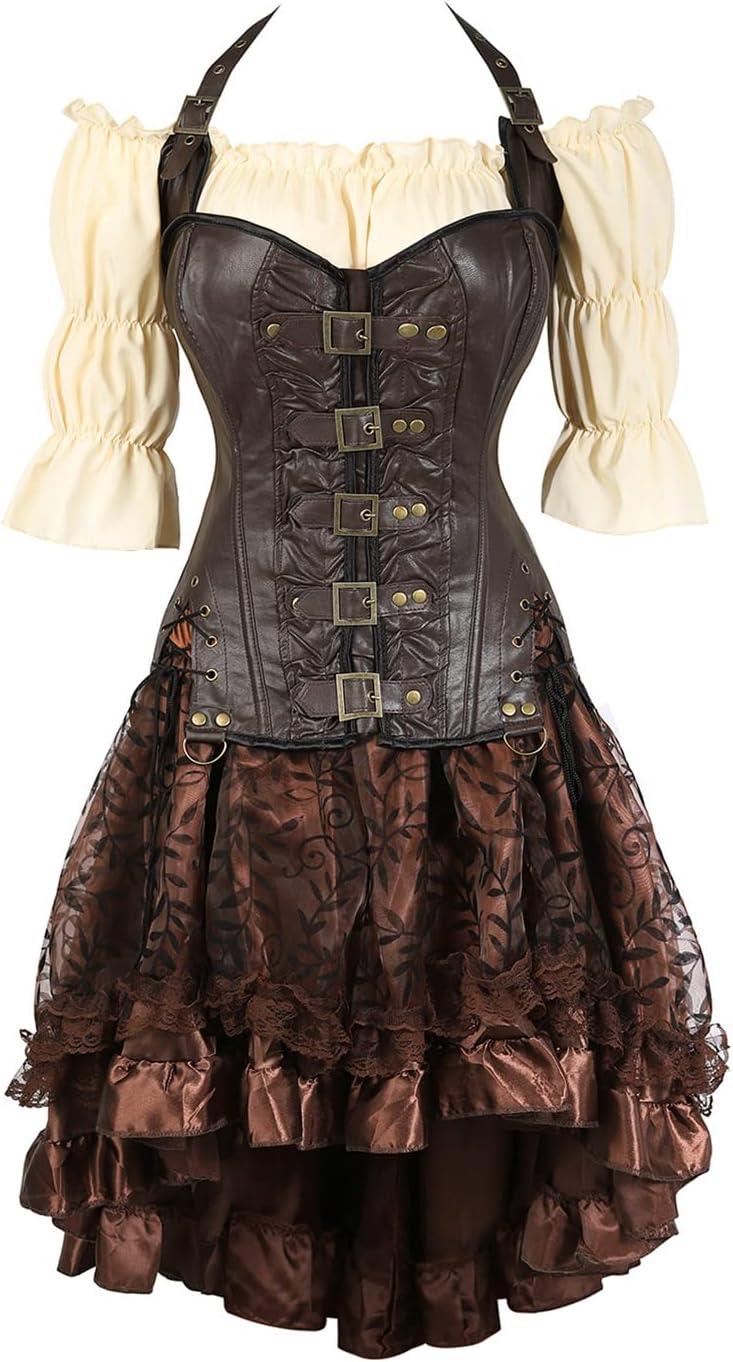 Steampunk Corsets Bustier Tops with Skirt and Pirate Shirt Cosplay Costume