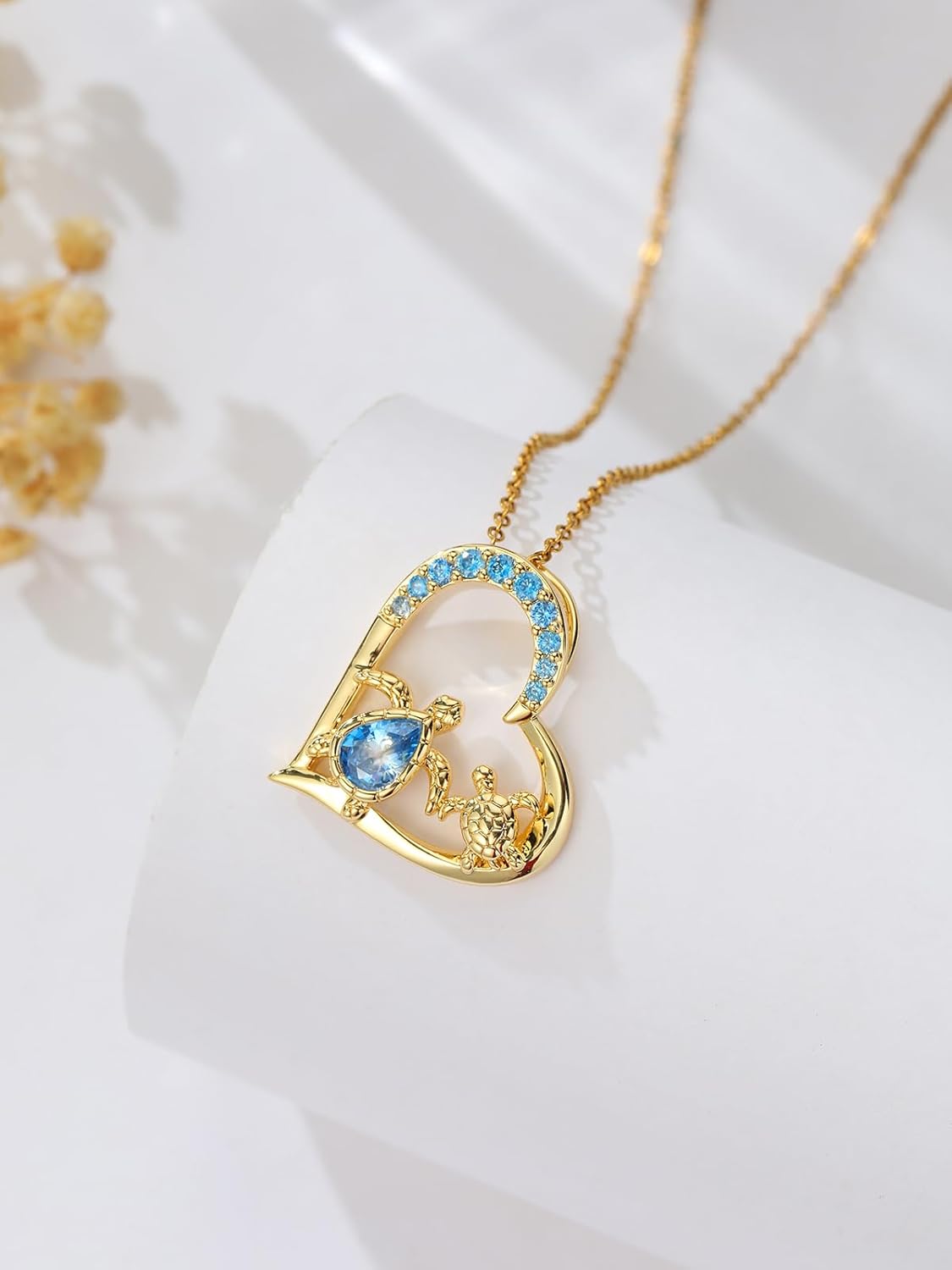 Sea Turtle Necklace 14K Gold Plated Beach Sea Turtle Pendant Necklace Blue Zircon Birthstone Jewelry Birthday Gifts for Woman Wife Mom Grandma Best Friend - Image 2