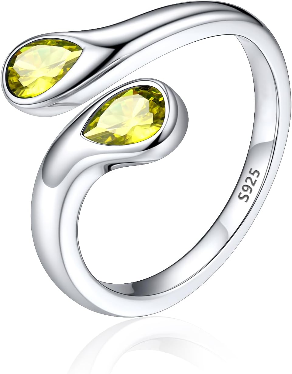 Silvora 925 Sterling Silver Adjustable Ring Wrap Birthstones Open Rings for Women Ring with 2 Pear Shaped Gemstone, Birthstone Ring for Mother