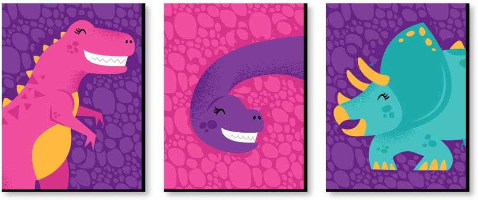 Big Dot of Happiness Roar Dinosaur Girl - Dino Mite T-Rex Nursery Wall Art and Kids Room Decorations - Gift Ideas - 7.5 x 10 inches - Set of 3 Prints