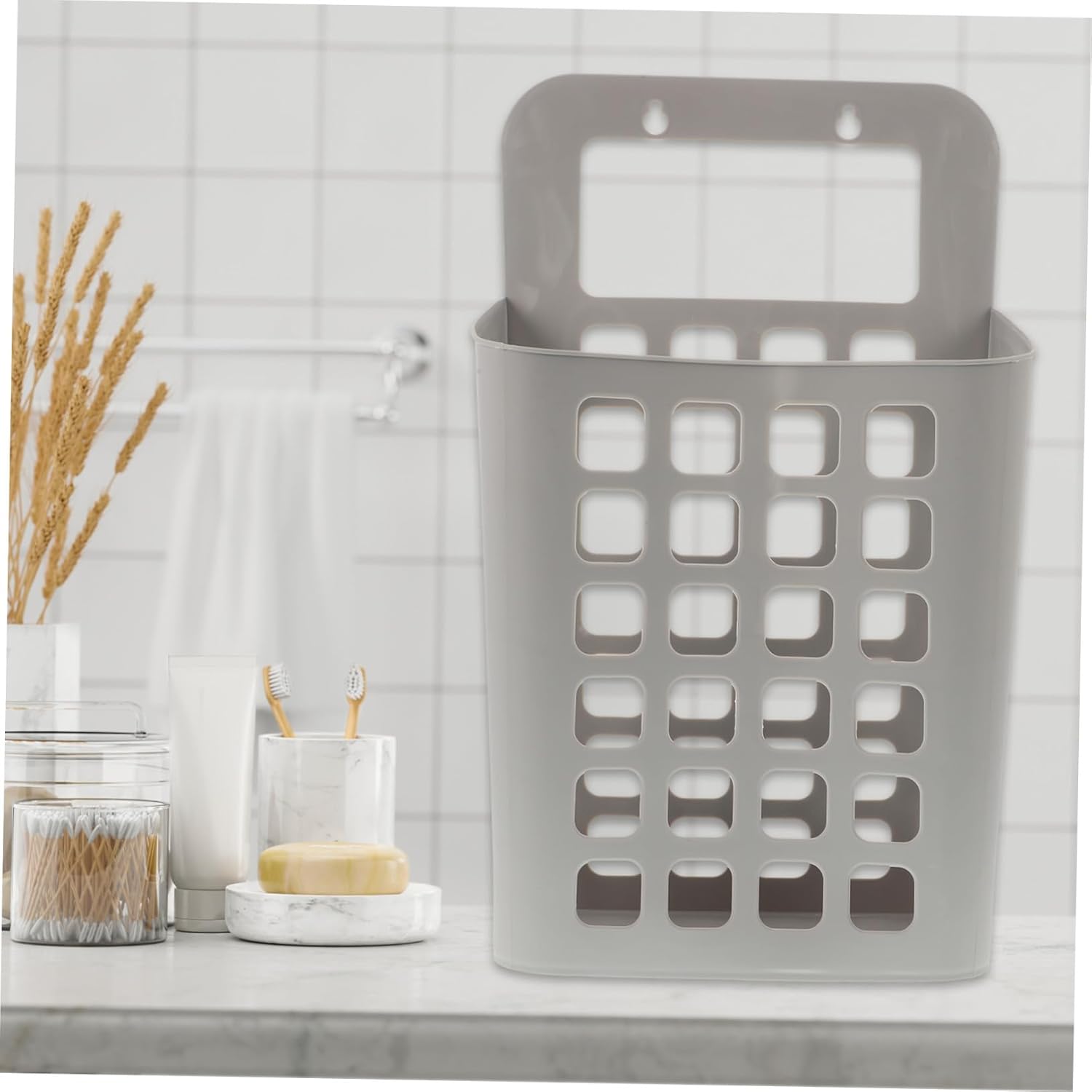 Large Foldable Plastic Laundry Hamper Hanging Storage Basket Organizer for Household Clothes Towels Sturdy Space-saving Container for Bedroom Bathroom Closet Dorm Grey White