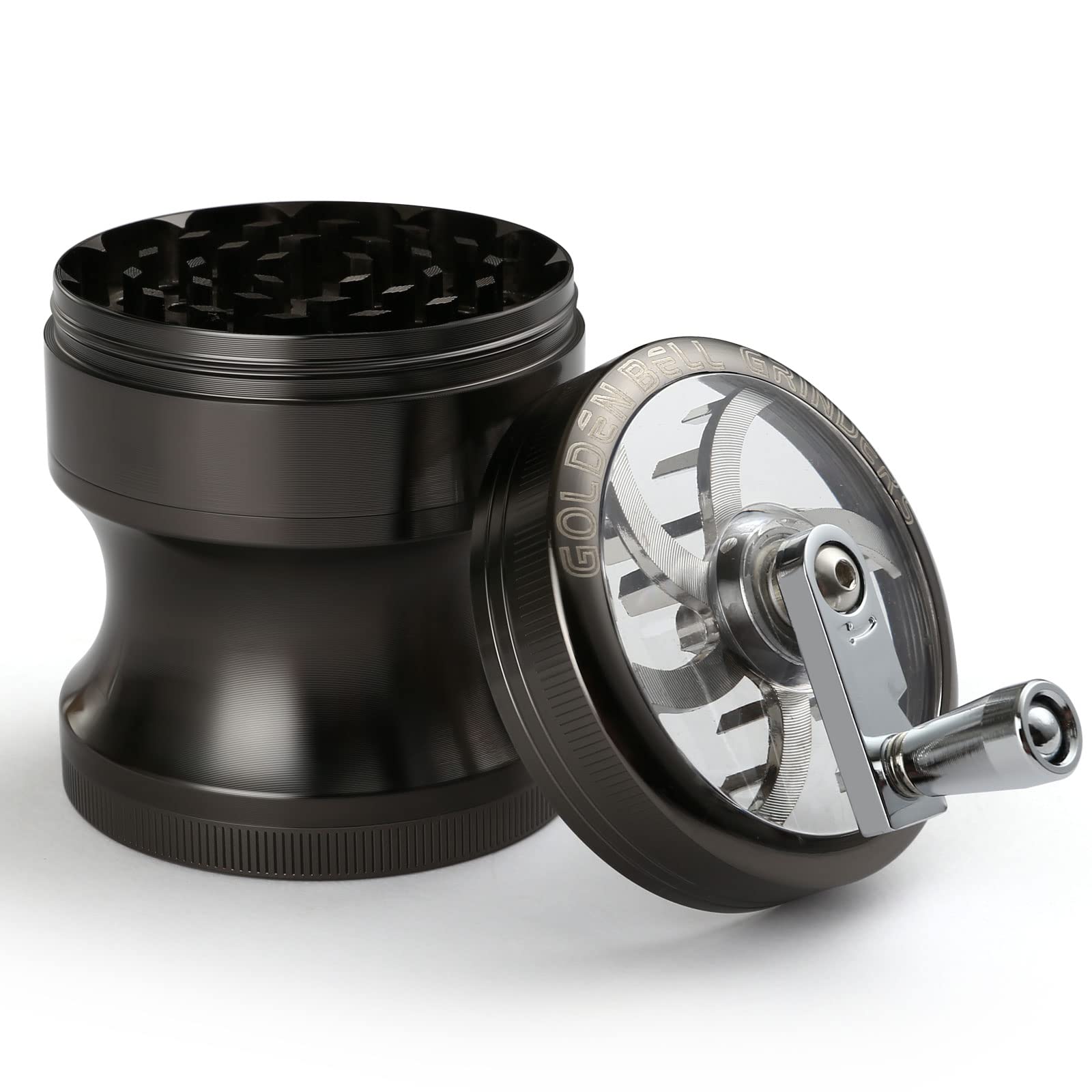LIHAO Grinder Unico, 6.3cm Spezie Erbe Grinder in 4 Pezzi in Metallo con Manovella - Nichel Nero
