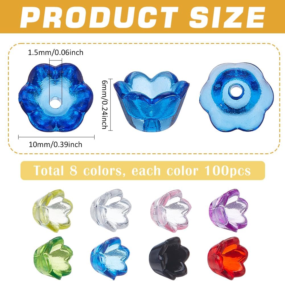 PH PandaHall 800pcs 8 Colors Transparent Acrylic Flower Bead Caps Lily of The Valley Trumpet Flower Beads Floral Spacer Bead Caps with Center Hole for Earring Bracelet Jewelry Making DIY Craft Bulk - Image 2