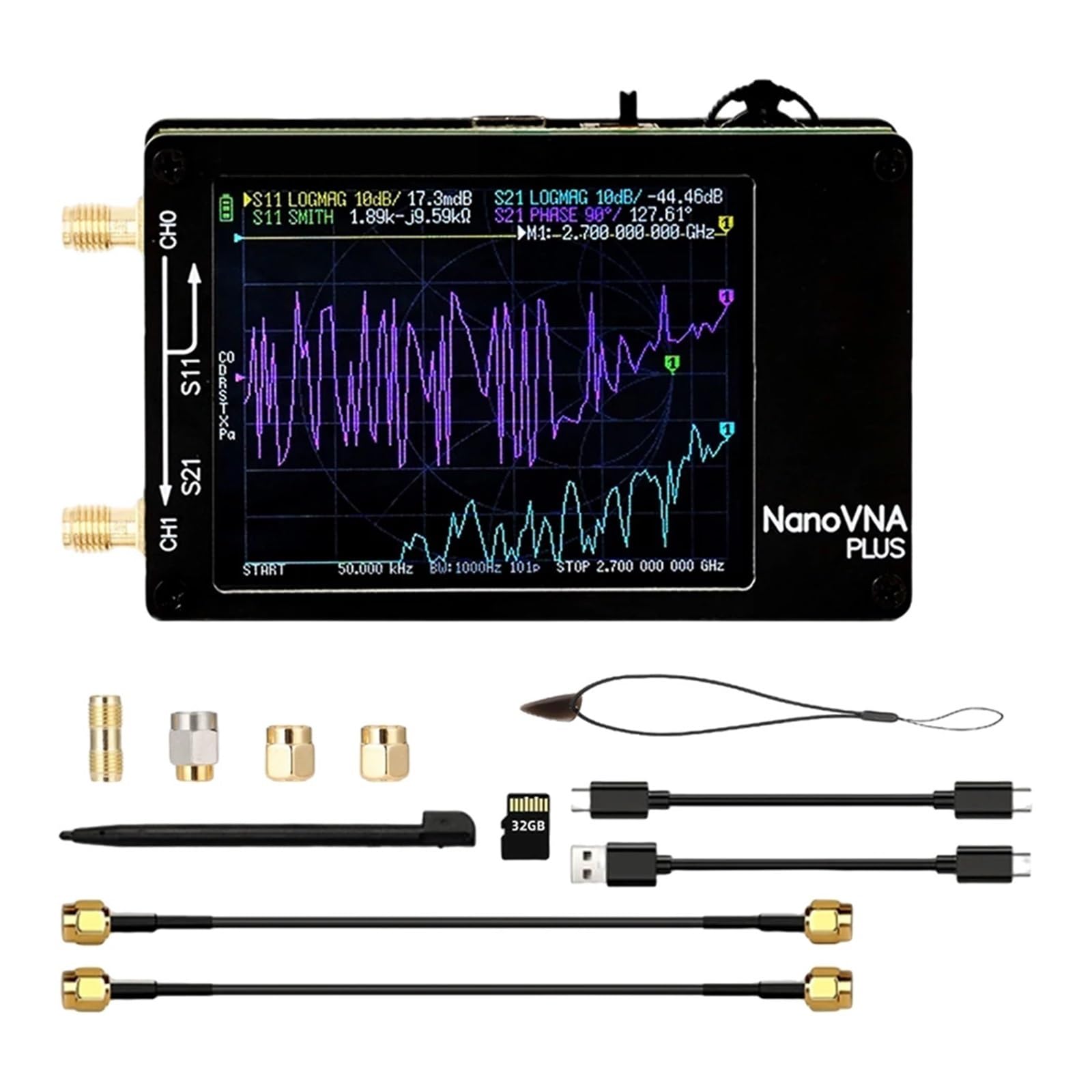 Analizador de red vectorial de 50 kHz a 2,7 GHz, 1000 mAh, Nanovna Plus, herramienta de prueba de antena, herramienta de medición de reflexión(Analyzer 32G SD Card)