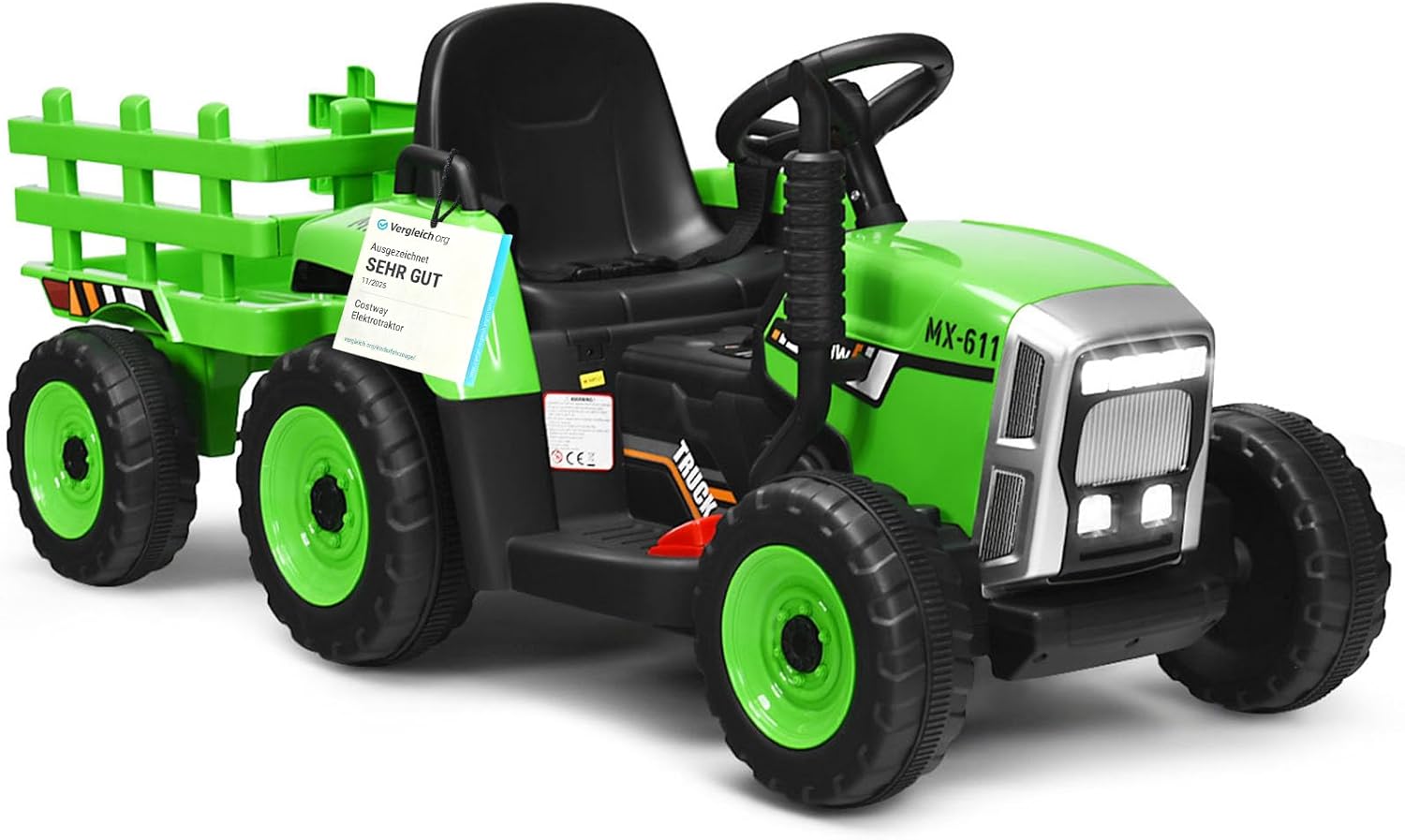 COSTWAY Tractor Eléctrico Infantil 12V con remolque verde vista lateral