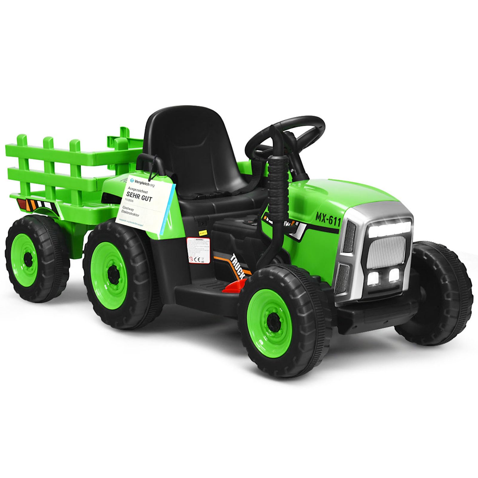 COSTWAY 12V 3-Gang Traktor mit abnehmbarem Anhänger und 2,4G Fernbedienung, Kinder Aufsitztraktor mit LED Lichtern, Musik, Hupe & USB Funktionen, geeignet für Kinder ab 3 Jahren (Grün)