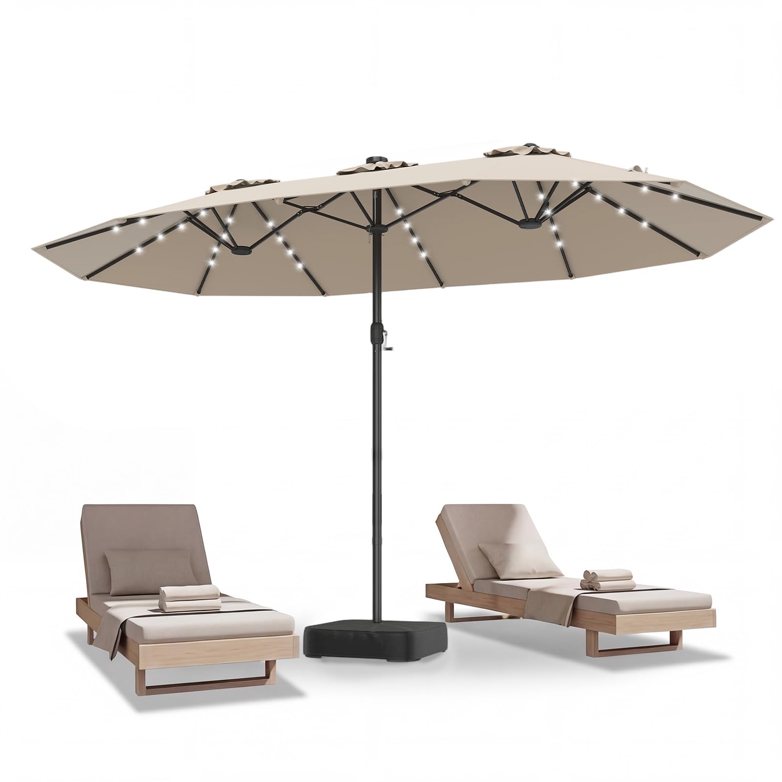 COSTWAY Doppelsonnenschirm mit Ständer und LED-Solar-Beleuchtung, 450 x 260 cm, Sonnenschirm Groß XXL, UPF 50+, Gartenschirm mit Kurbel, Terrassenschirm, Marktschirm für Garten, Terrasse, Beige