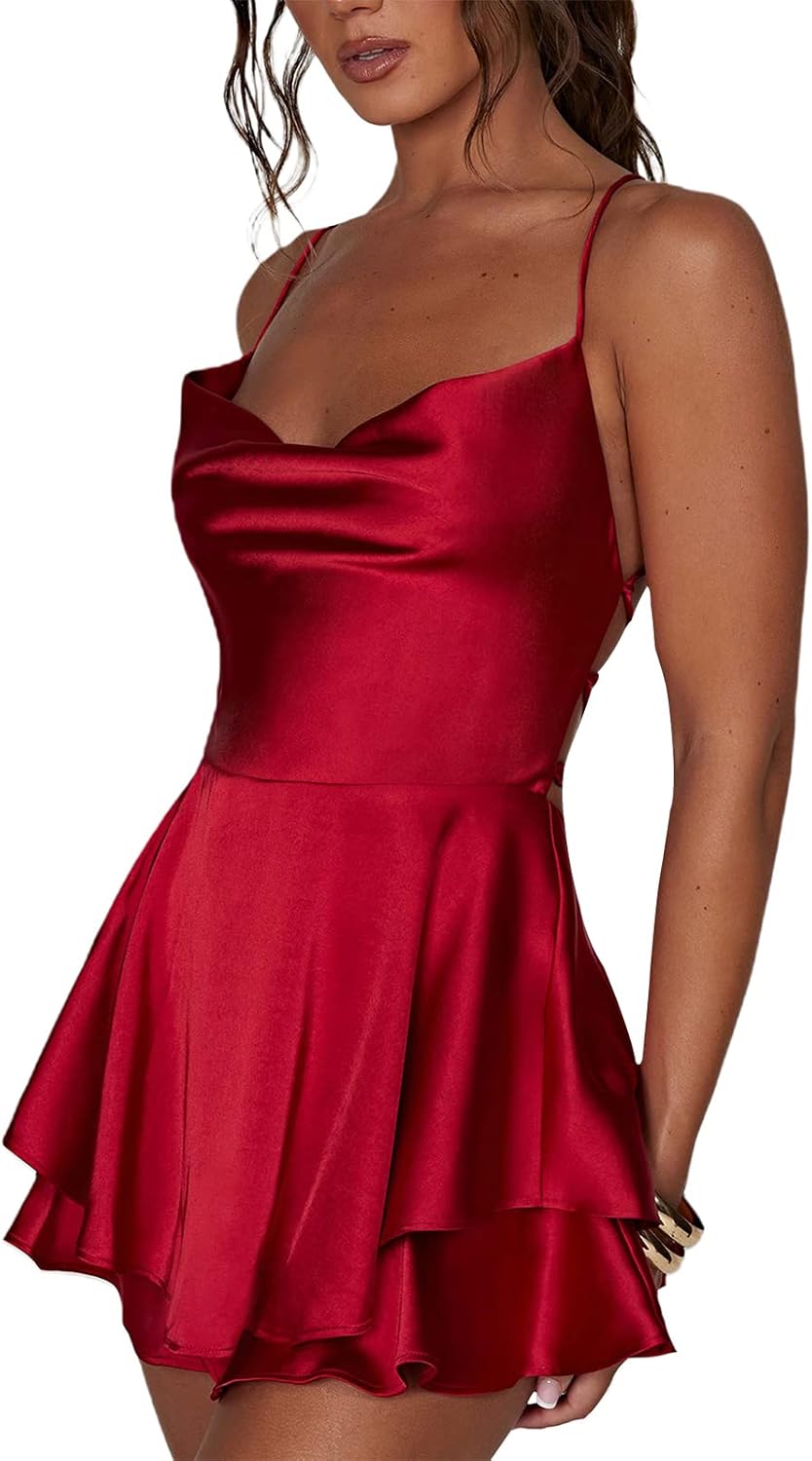 Women Sexy Backless Short Romper Satin Dress Cowl Neck Tie Ruffle Layer Spaghetti Strap Jumpsuit Mini Dress - Image 2