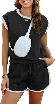 wihnsinop Pink Contrast Trim Cable Textured Shorts Set 2026 Summer Outfits for Women 2 Piece Sets