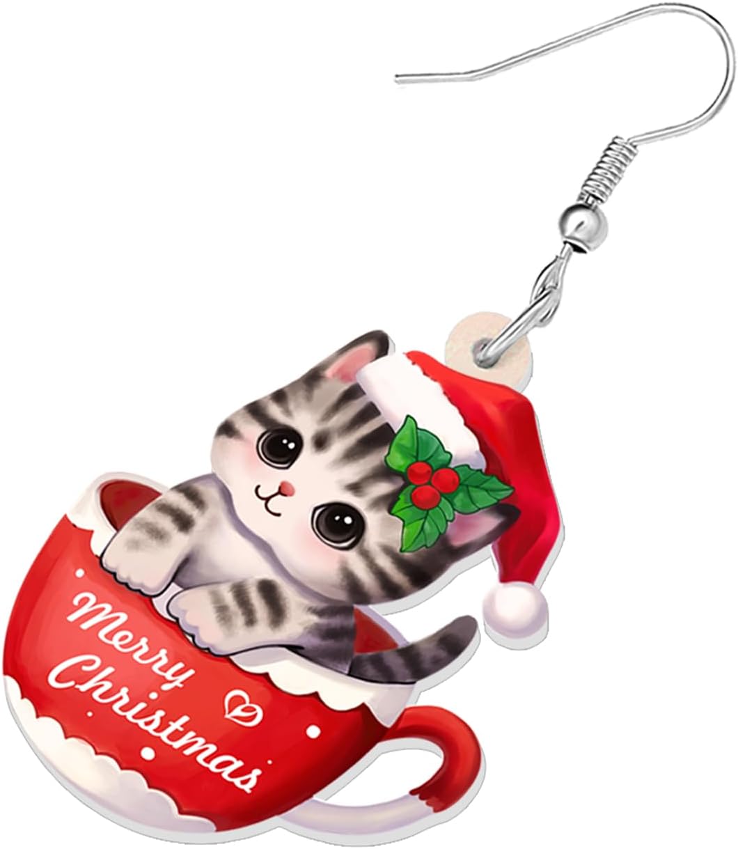 Bonsny Acrylic Drop Dangle Christmas Sweet Cat Kitten Earrings Pets Jewelry For Women Gift - Image 4