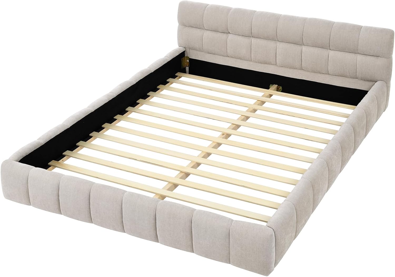 Soft Bed Frame Queen Size, Modern Cloud Floor Bed Frame Queen with Soft Headboard, Grounded Chenille Upholstered Platform Bedframe, No Box Spring Needed, Easy Assembly (Beige)
