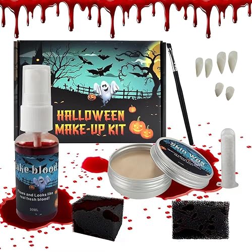 Kit de maquillaje SFX de Halloween, kit de maquillaje de efectos especiales que incluye cera de maquillaje, esponjas de punteo, sangre falsa,