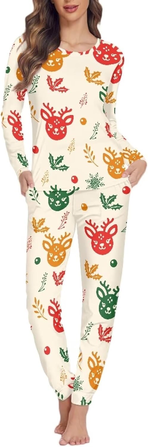 Couples Christmas Pajamas 3D Print Christmas Tree Pattern Long-Sleeved Pajamas Top and Pants 2Pcs Set