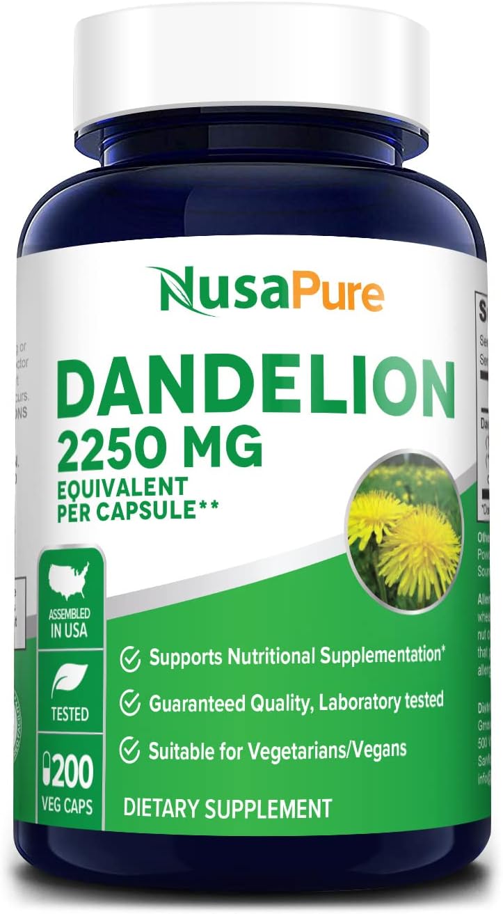 NusaPure Dandelion Root Extract 2,250mg 200 Veggie Capsules Non-GMO, Extract 5:1 &amp; Gluten Free