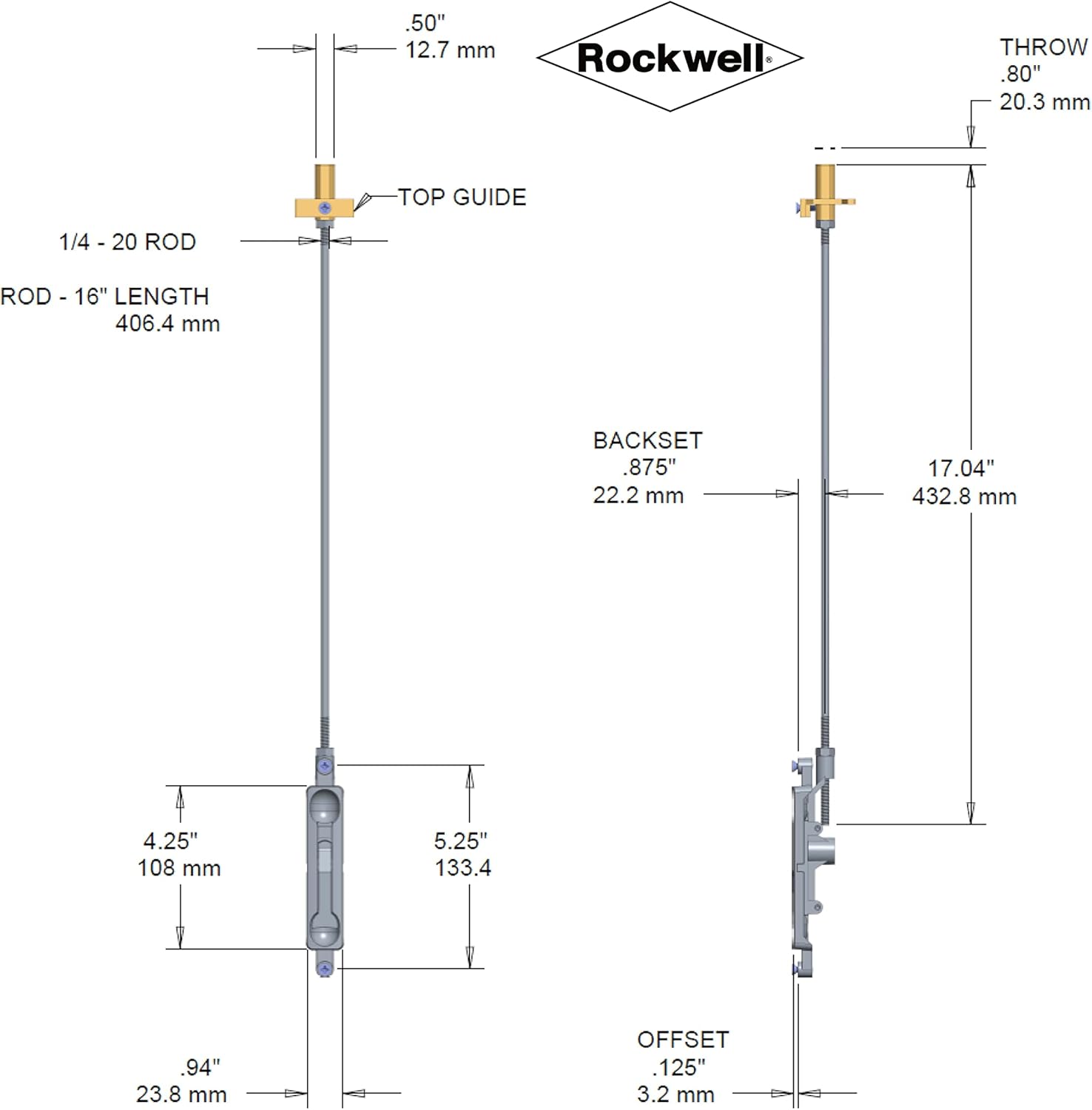 Rockwell Security Flush Bolt in Bronze Finish - 1/8" Backset, 15" Rod