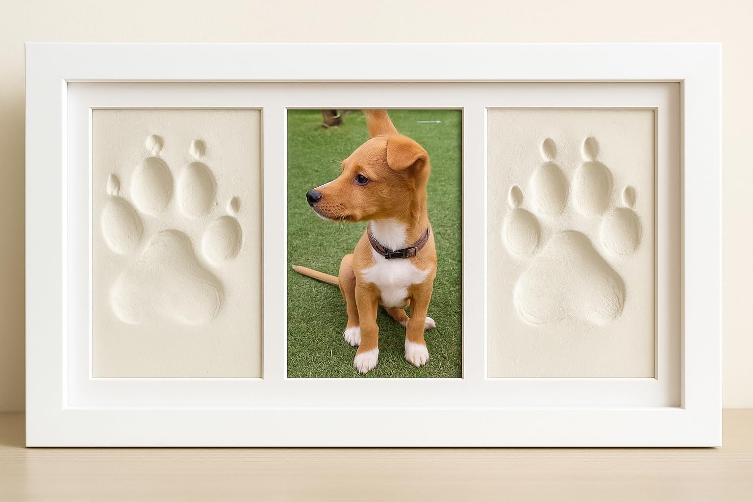 Marco para Huellas de Mascota (Perro, Gato) con Foto. Kit de Impresión de Arcilla Blanca. Caja Regalo con paspartus de Colores.Recuerdo Personalizado para Perros y Gatos.