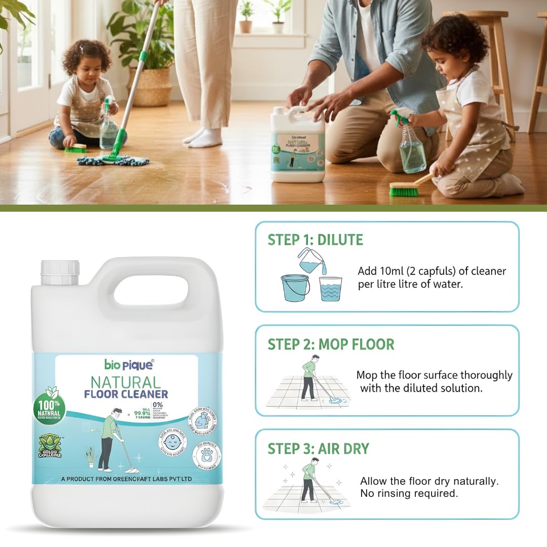 Bio Pique Natural Floor Cleaner Liquid 5L with Lemongrass Freshness, Germ Control Formula, Bleach and Acid Free Surface Cleaner, Eco Friendly Pet and Kid Safe Solution for Daily Floor Care 2