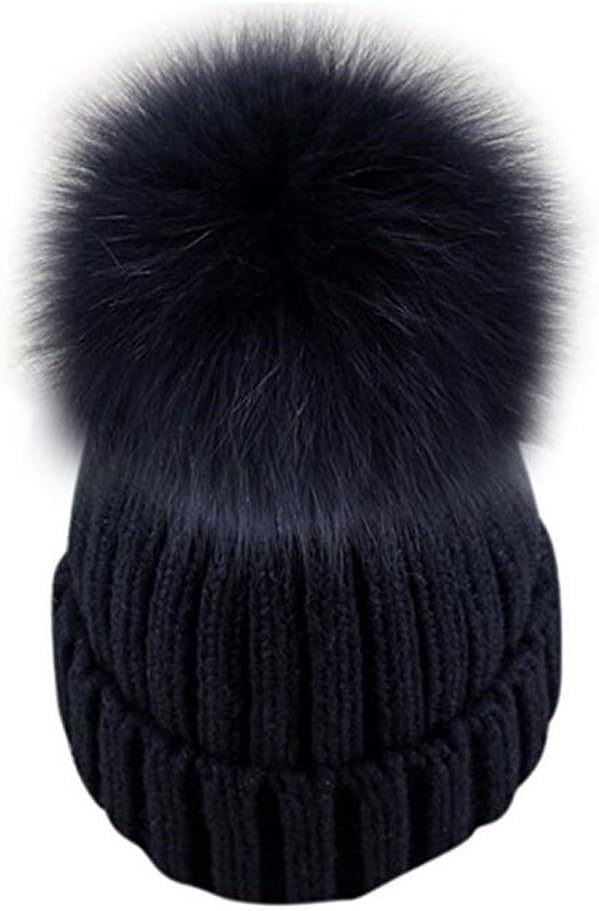 USANDY Womens Girls Knitted Fur Hat Real Large Silver Fox Fur Pom Pom Beanie Hats