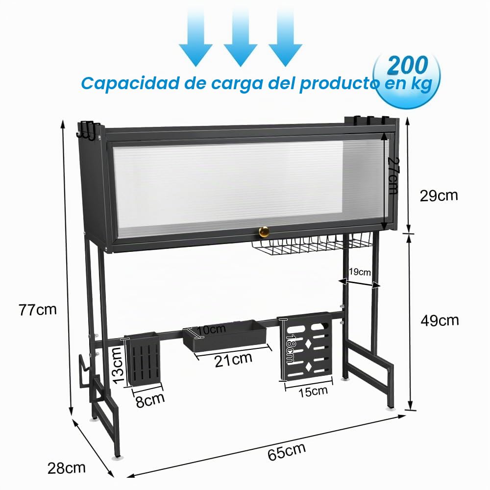 HUOLE Escurreplatos sobre Fregadero, Escurridor de Platos, Organizador Cocina, Estante de Secado de Platos de Acero Inoxidable de 3 Niveles, con Soporte para Utensilios, 65 * 30 * 78cm-Negro