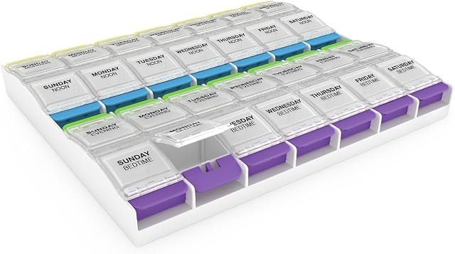Ezy Dose Push Button Weekly 7-Day, 4x/Day Pill Organizer, Multi-Colour, 2XL | Weekly Pill Case, Medicine Planner, Daily Vitamin Organizer, 4 Times a Day, Arthritis Friendly Push Button Lids, BPA Free