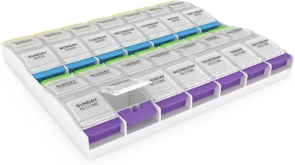 Ezy Dose Weekly (7-Day) Pill Organizer, Vitamin and Medicine Box, 2X-Large Push Button Compartments, 4 Times a Day, Clear Lids
