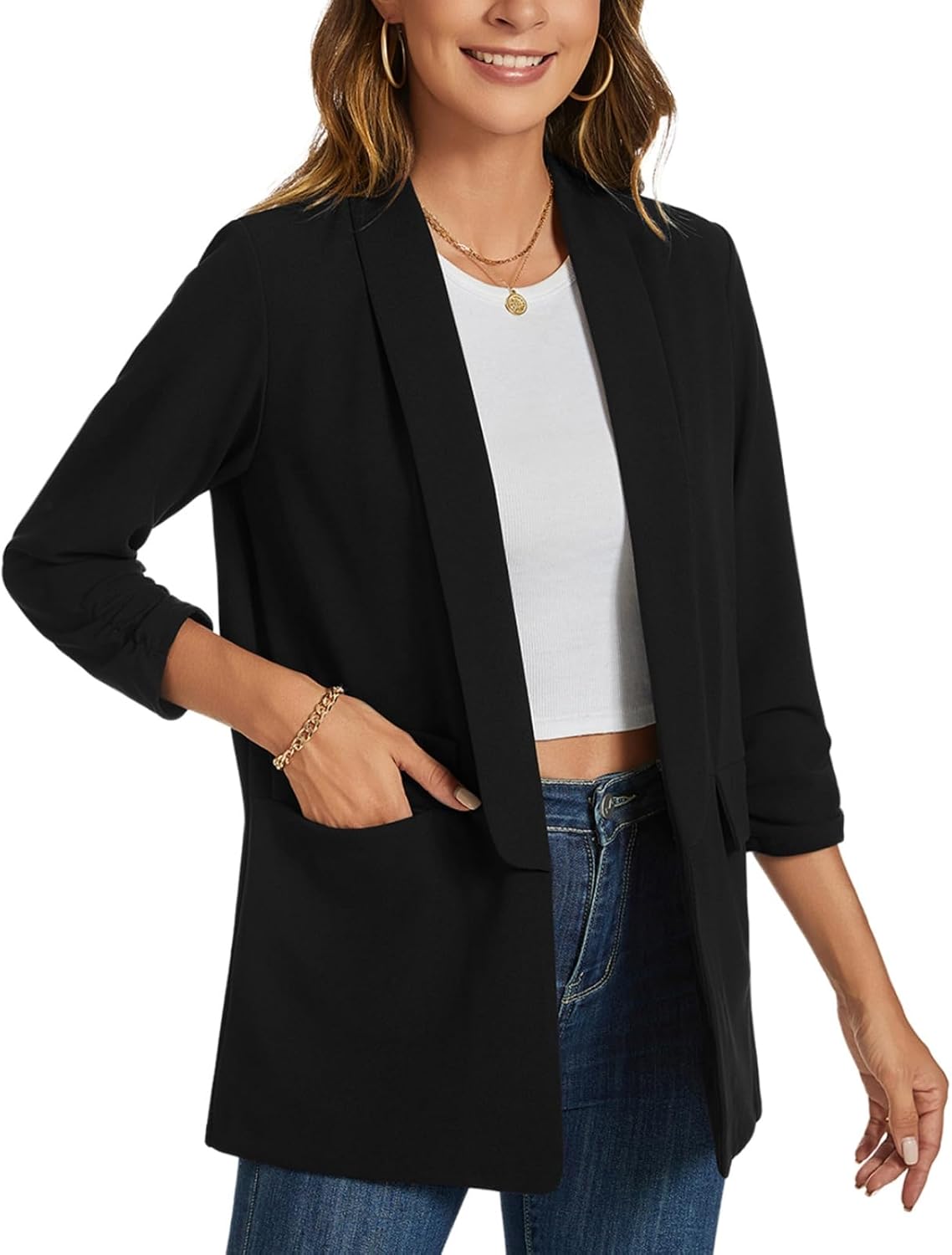 Blazer for Women 3/4 Ruched Sleeve Suit Jacket Open Front Shawl Collar Casual Work Office Blazers with Pockets