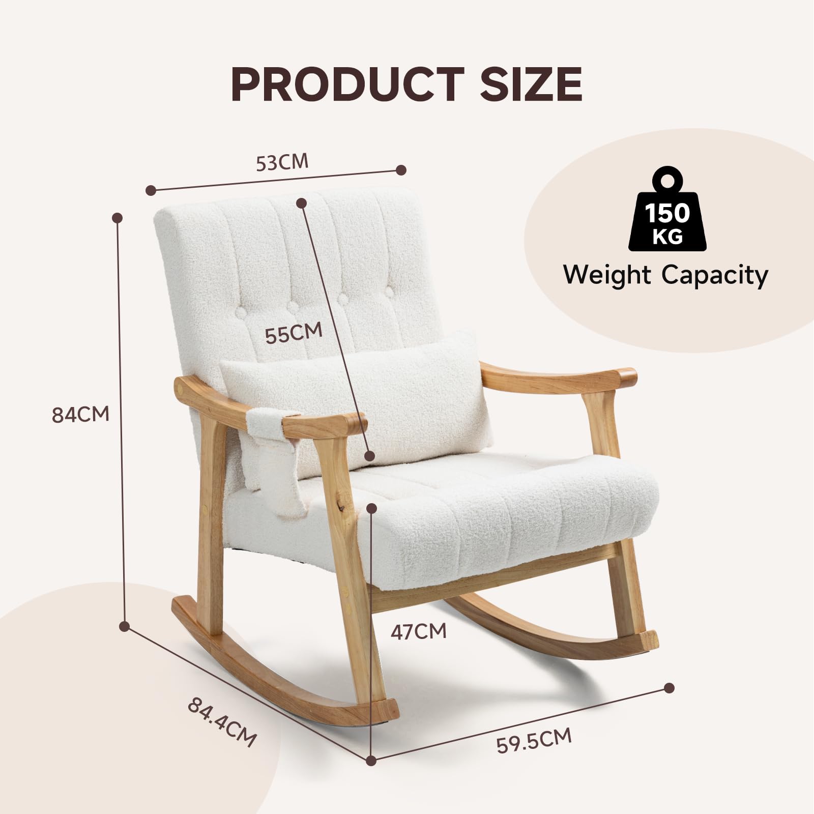 EROMMY Fauteuil à Bascule, Fauteuil de Relaxation en Tissu Teddy avec Coussin Lombaire & Poche Latérale, Rembourré en Tissu Doux, avec Cadre en Bois de Caoutchouc, pour Salon, Chambre à Coucher, Blanc