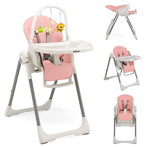 INFANS Silla alta para bebés y niños pequeños, silla alta plegable con 7 alturas diferentes, 4 respaldos reclinables, asiento de 3 reposapiés,