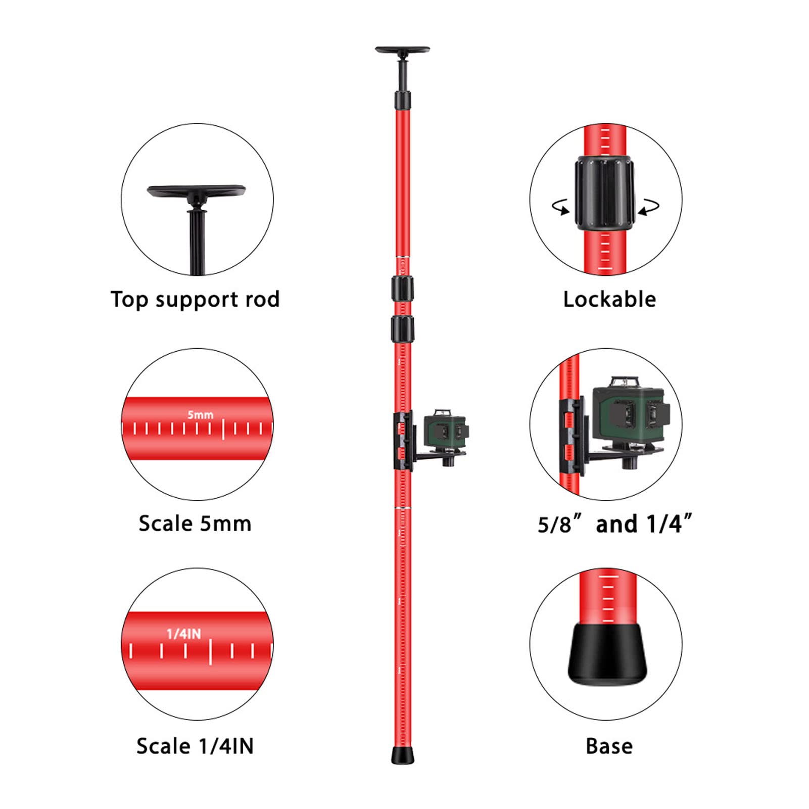 Poste de Nivel Láser, Poste Extensible Multiusos de 4 M Poste de Montaje de Nivel Láser Ajustable Poste de Soporte Telescópico con Montaje Láser/mesa Elevadora para Láseres Giratorios Y de Línea (rojo