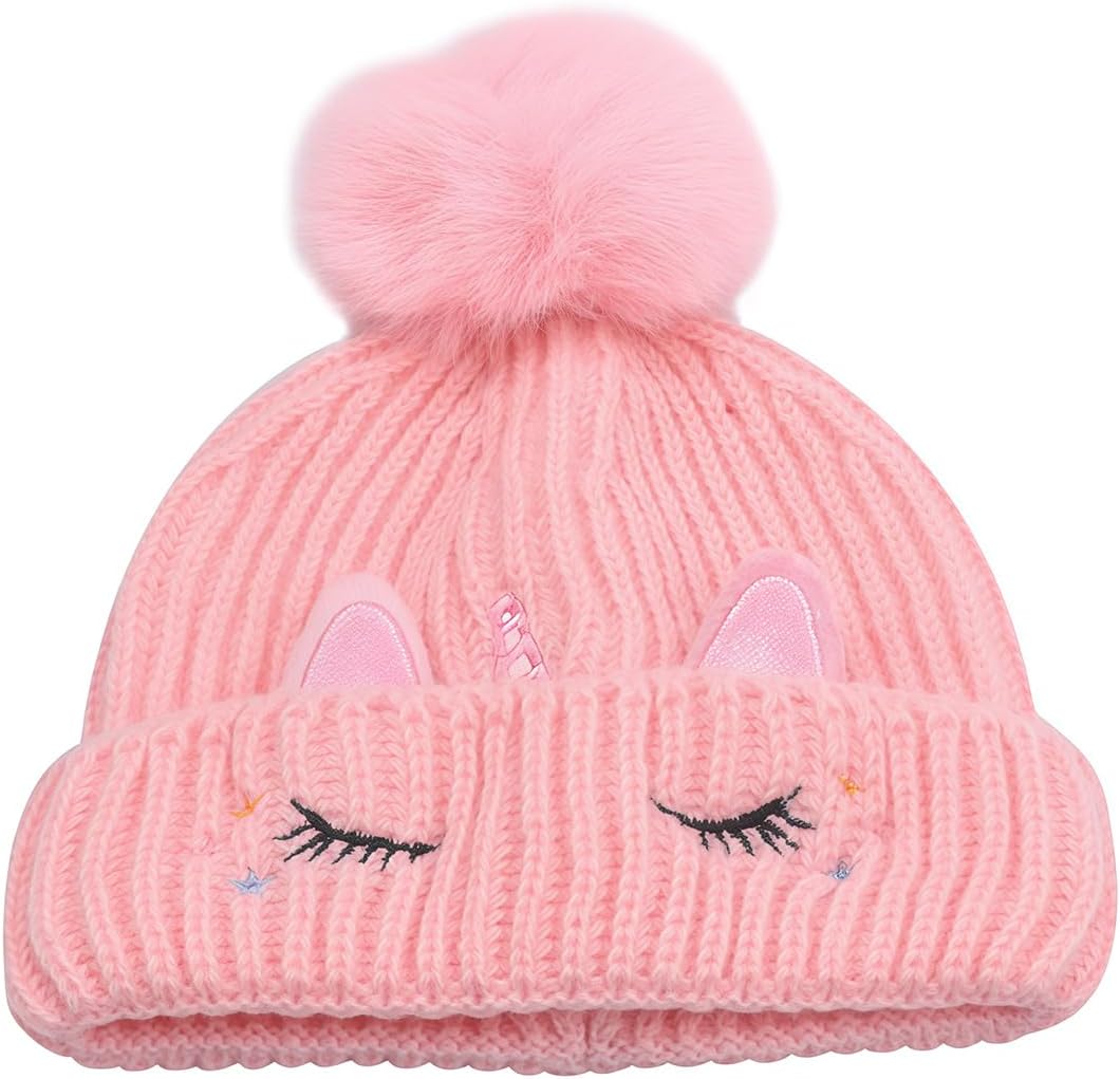 Baby Girls Boys Winter Rhinestone Beanie Hat Crochet Knitted with Faux Fur Pom Pom Knit Skull Cap