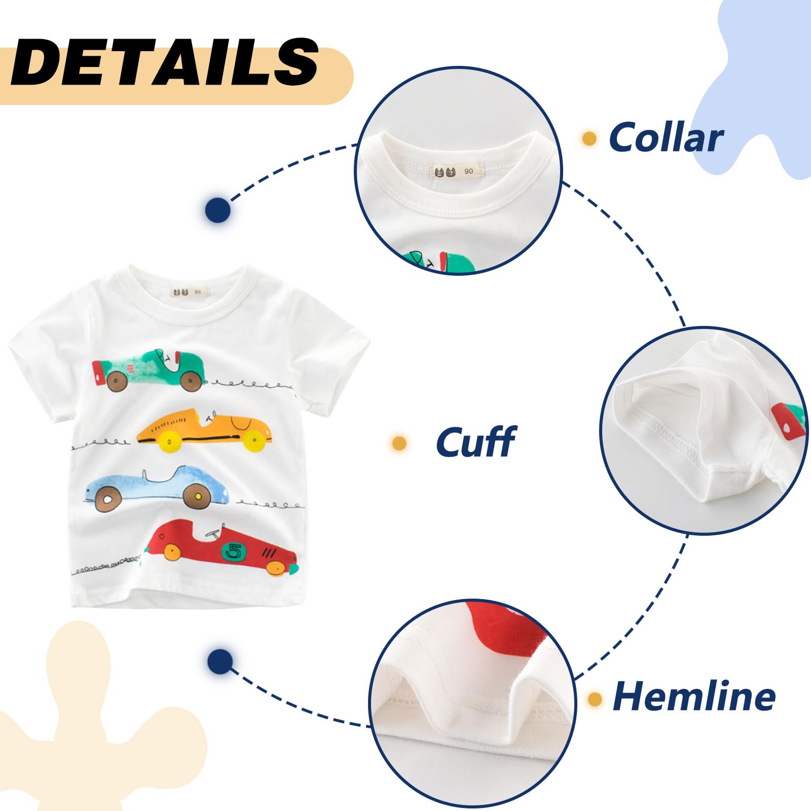 Tee Shirt Enfant Garçon T-Shirts à Manches Courtes Vetement Bébé Garçon 3 Pièces Coton Imprimé Cartoon Col Rond Été Top pour 2-7 Ans